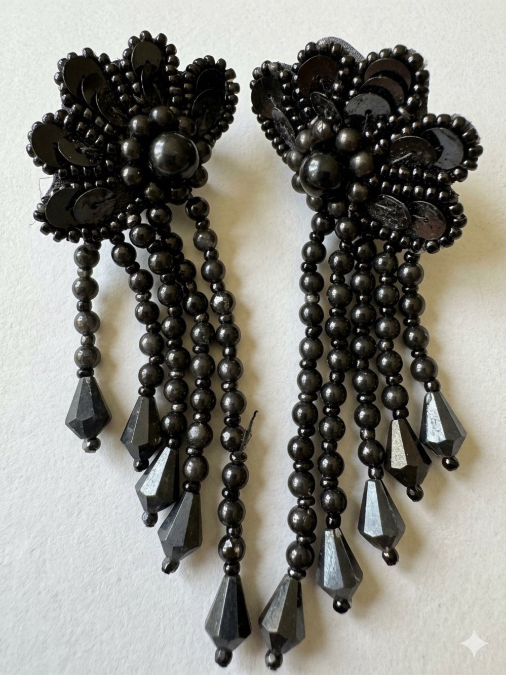 VTG 80s Black Beaded Fringe Tassel Clip On Earrings Regency Gothcore Whimsigoth